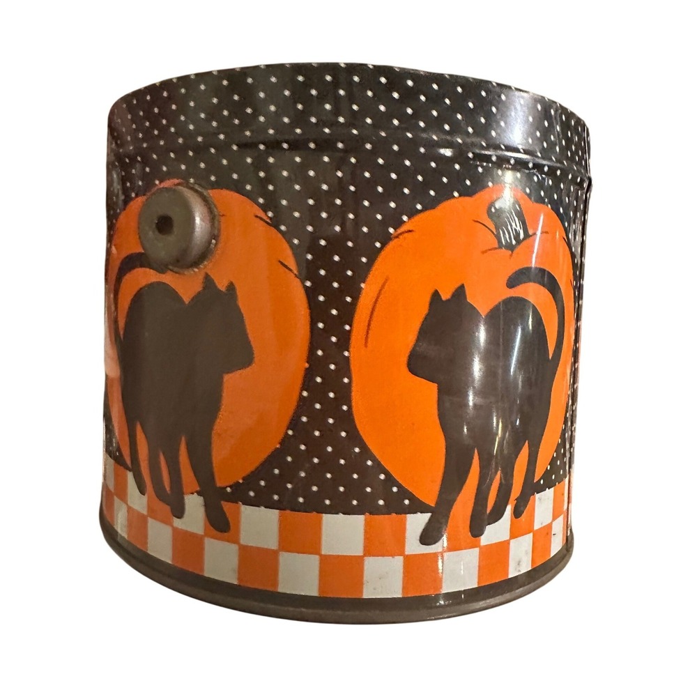 Vintage Halloween Tin Bucket Black Cat Pumpkin Polka Dot Orange Metal Decor